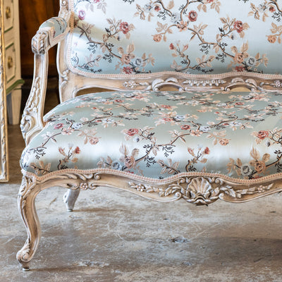 Louis XV Painted Settee – Floral Scalamandré Upholstery & Carved Trim