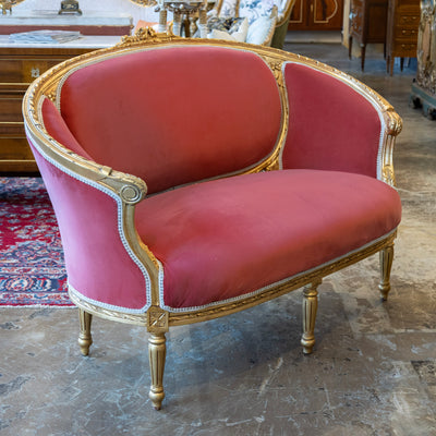 Louis XVI Gilded Settee – Dark Pink Velvet Upholstery