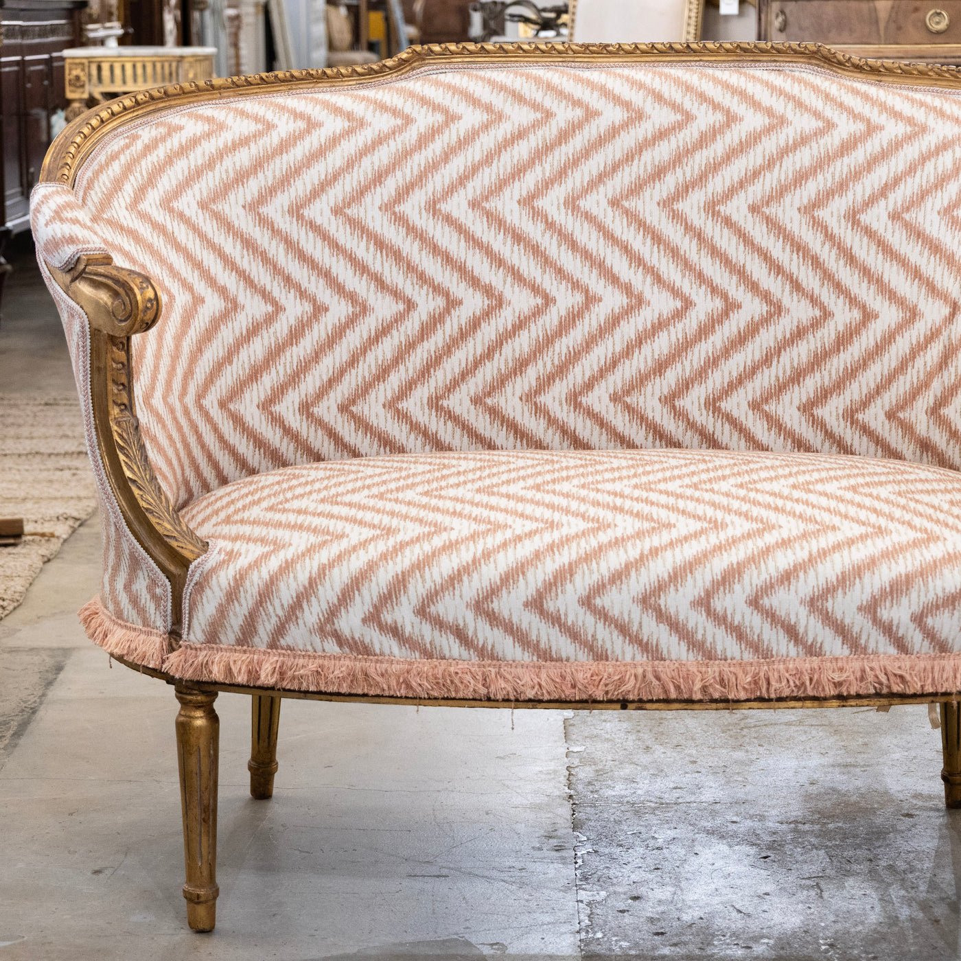 Louis XVI Gilded Settee – Pink Chevron Upholstery