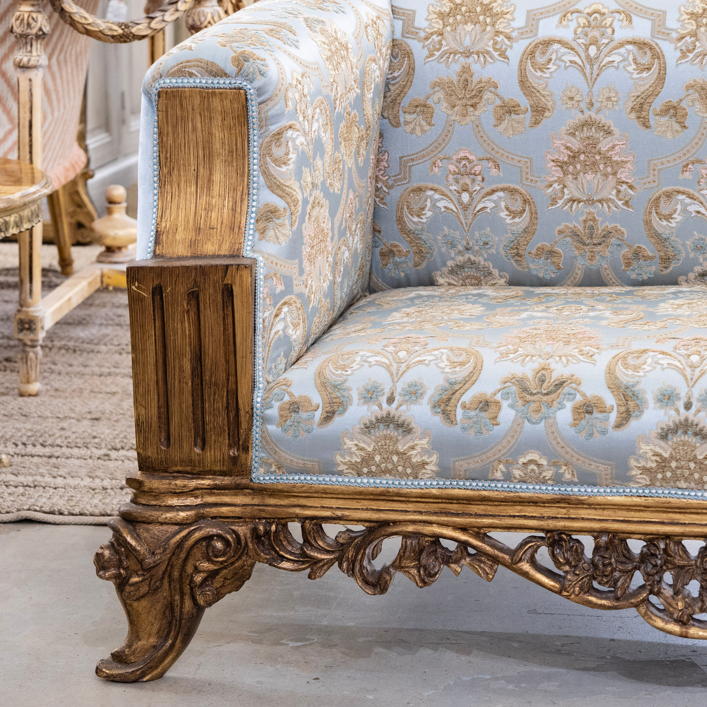 Italian Gilded Sofa – Carved Base & Blue Damask Upholstery