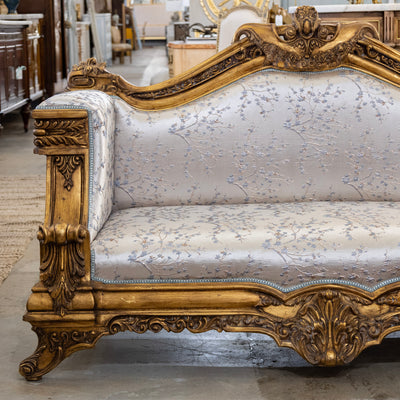 Italian Gilded Sofa – Carved Detailing & Pale Blue Silk-Weave Floral Upholstery