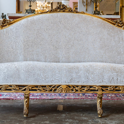 Louis XV Gilded Sofa – Carved Trim & Cream Velvet Textured Upholstery