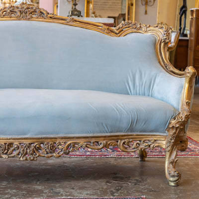Louis Gilded XV Sofa – Baby Blue Velvet Upholstery