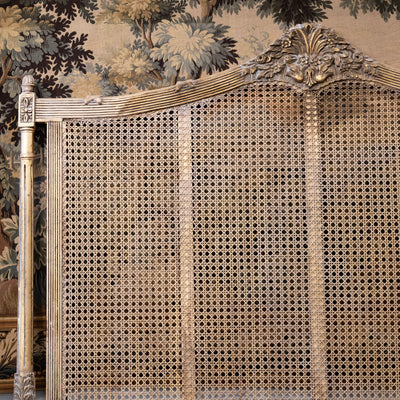 Louis XVI Gold Cane King Size Bed Set – Carved Crest & Fluted Posts