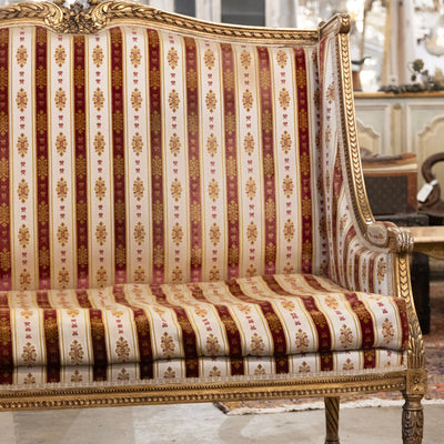 Louis XVI Carved Gilded Settee – Striped Damask Upholstery
