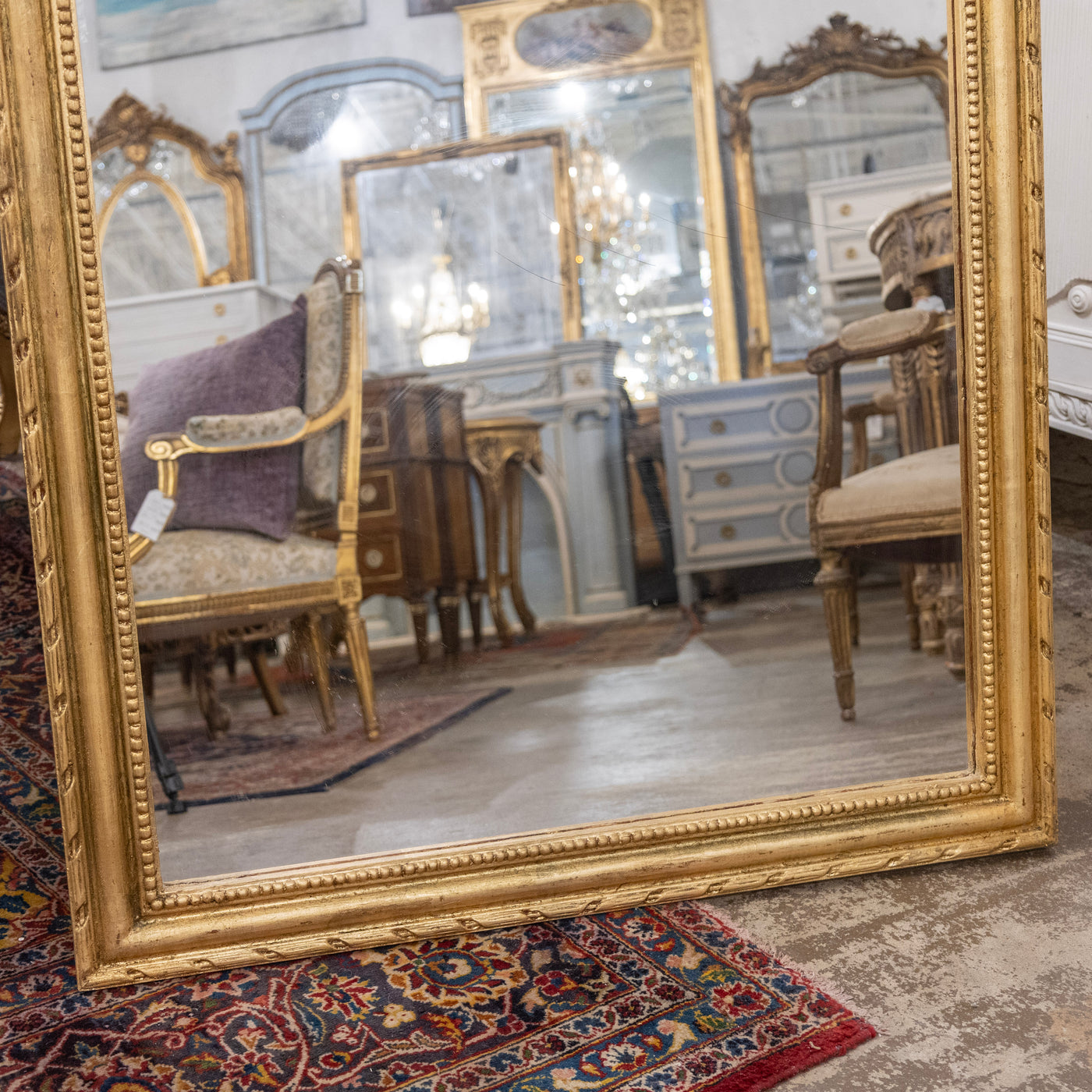 Louis Philippe Wide Gilded Mirror – Beaded & Rope Carved Trim