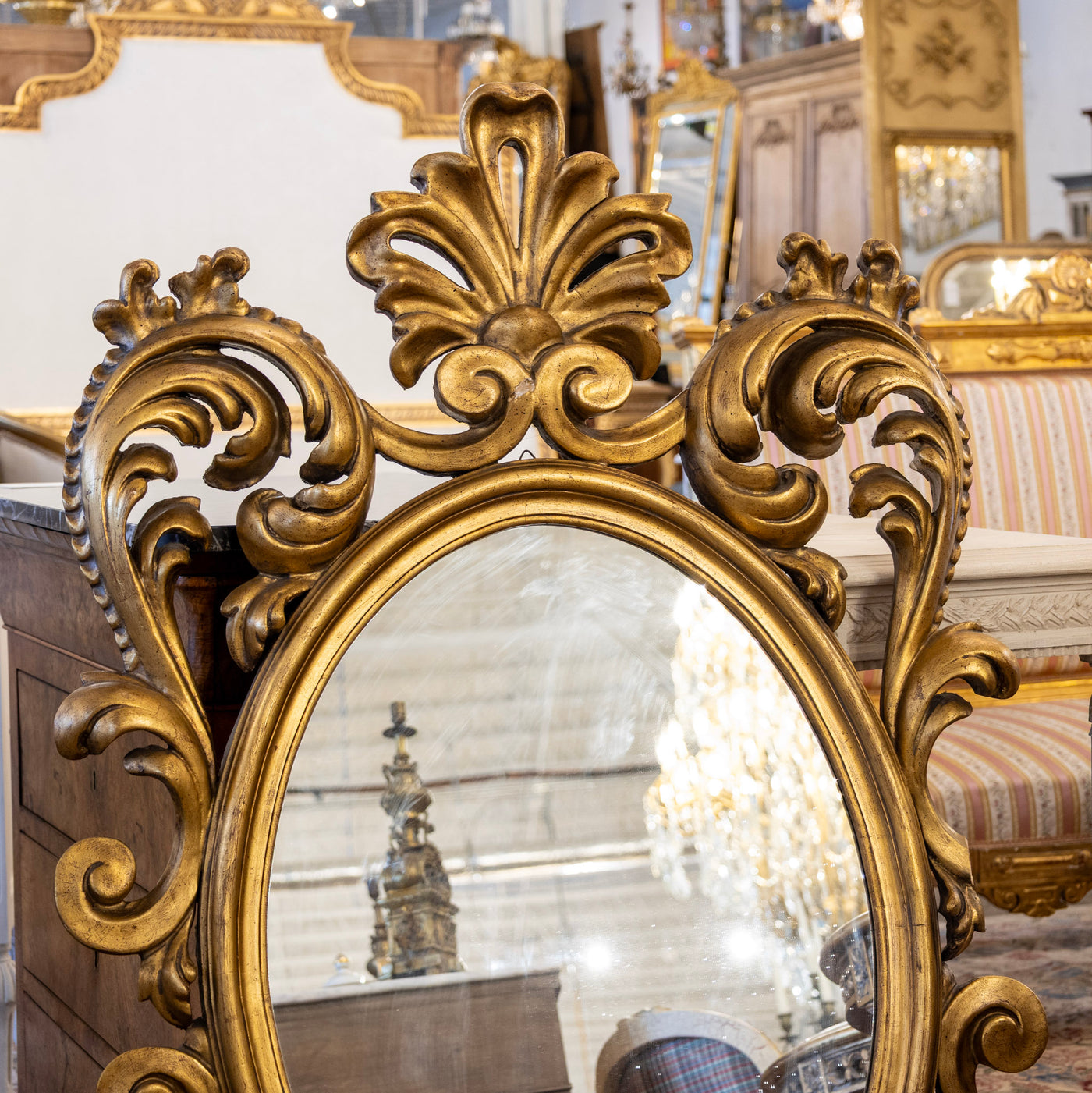 Italian Gilded Oval Mirror – Rococo Carvings