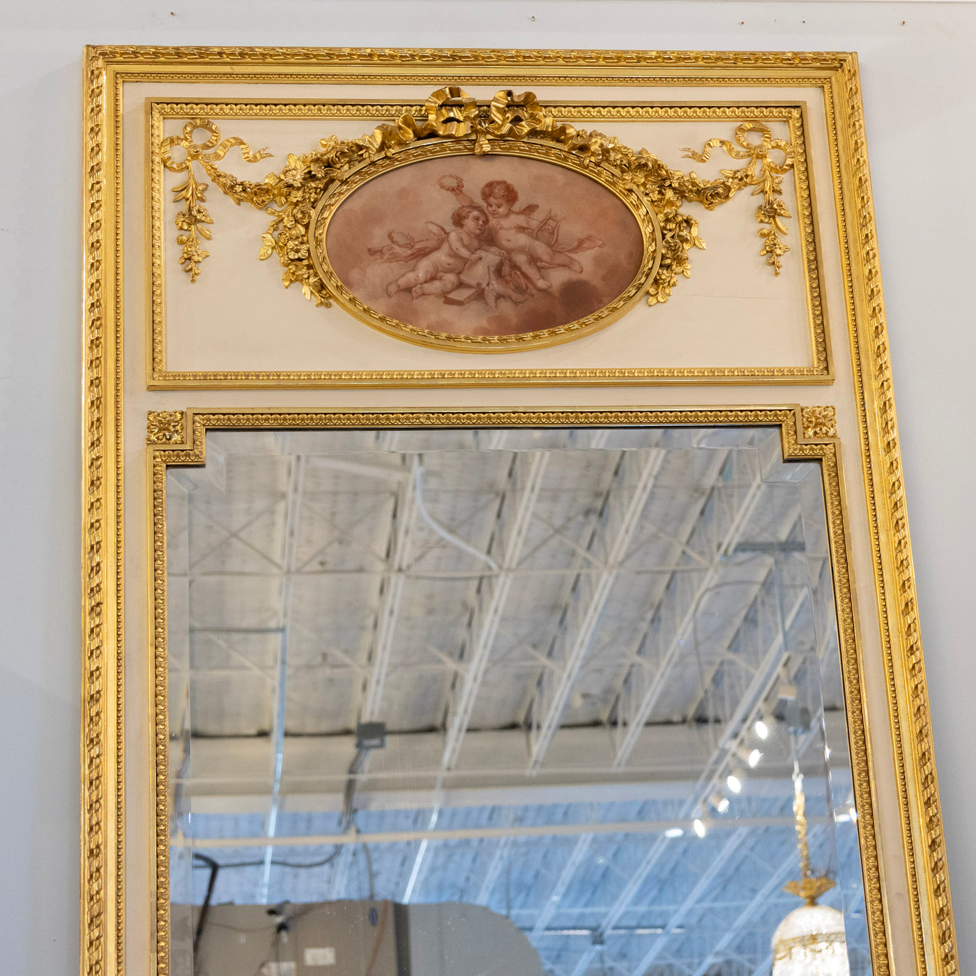 Louis XVI Gilded Trumeau Mirror – Cherub Painting & Bow Carvings