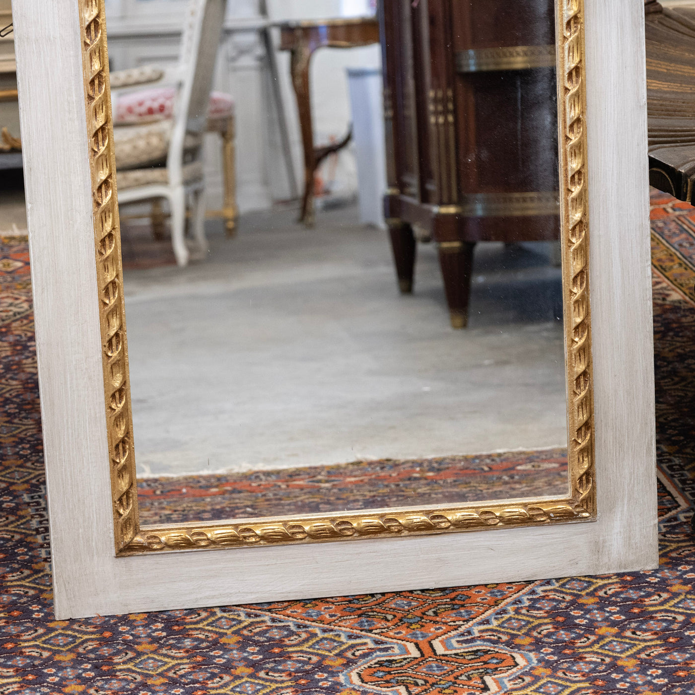 Louis XVI White Trumeau Mirror – Carved Laurel Wreath & Bow Crest
