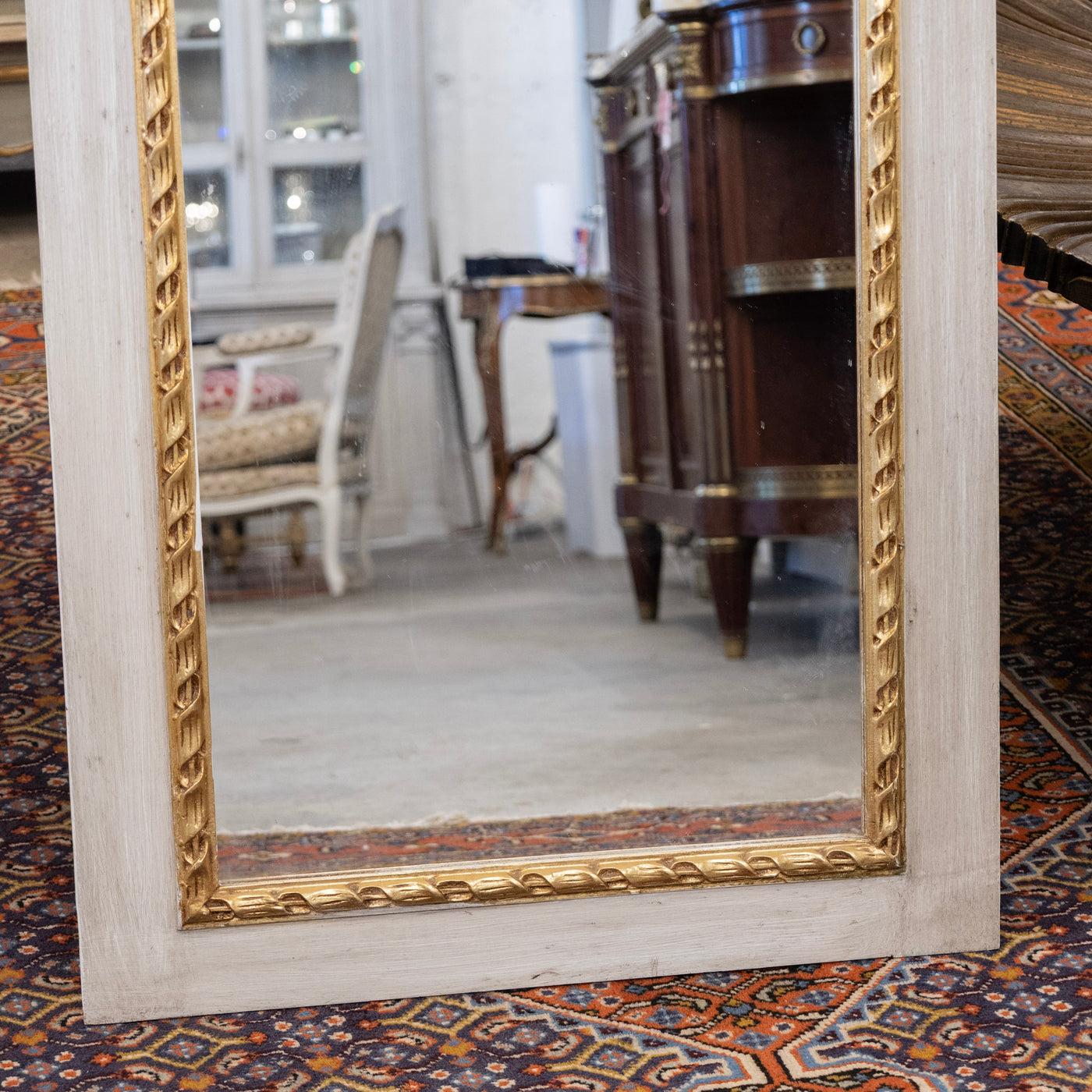 Louis XVI White Trumeau Mirror – Carved Floral Basket Crest