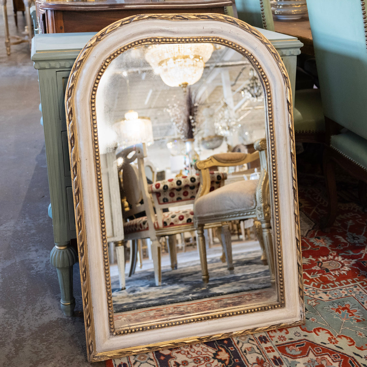 Louis Philippe White & Gold Mirror – Beaded & Rope Carved Trim