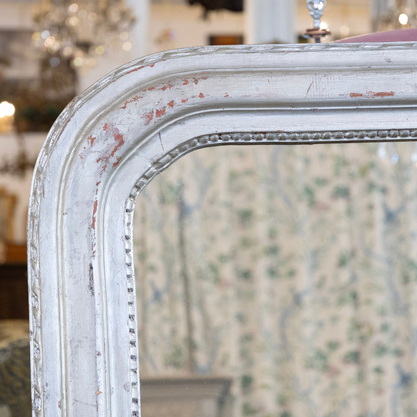 Louis Philippe Grand Silver Leaf Mirror – Rounded Beaded Frame with Patina