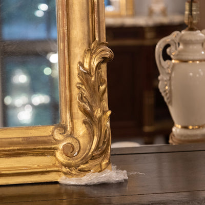 Grand 17th Century French Gilded Mirror – Ornate Rococo Crest & Floral Carvings