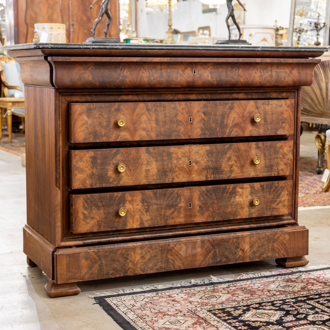 Louis Philippe Burl Wood Chest – Black Marble Top & Brass Hardware