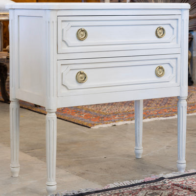 Swedish 2-Drawer Nightstand – Rounded Corners & Brass Ring Pulls in Dove White
