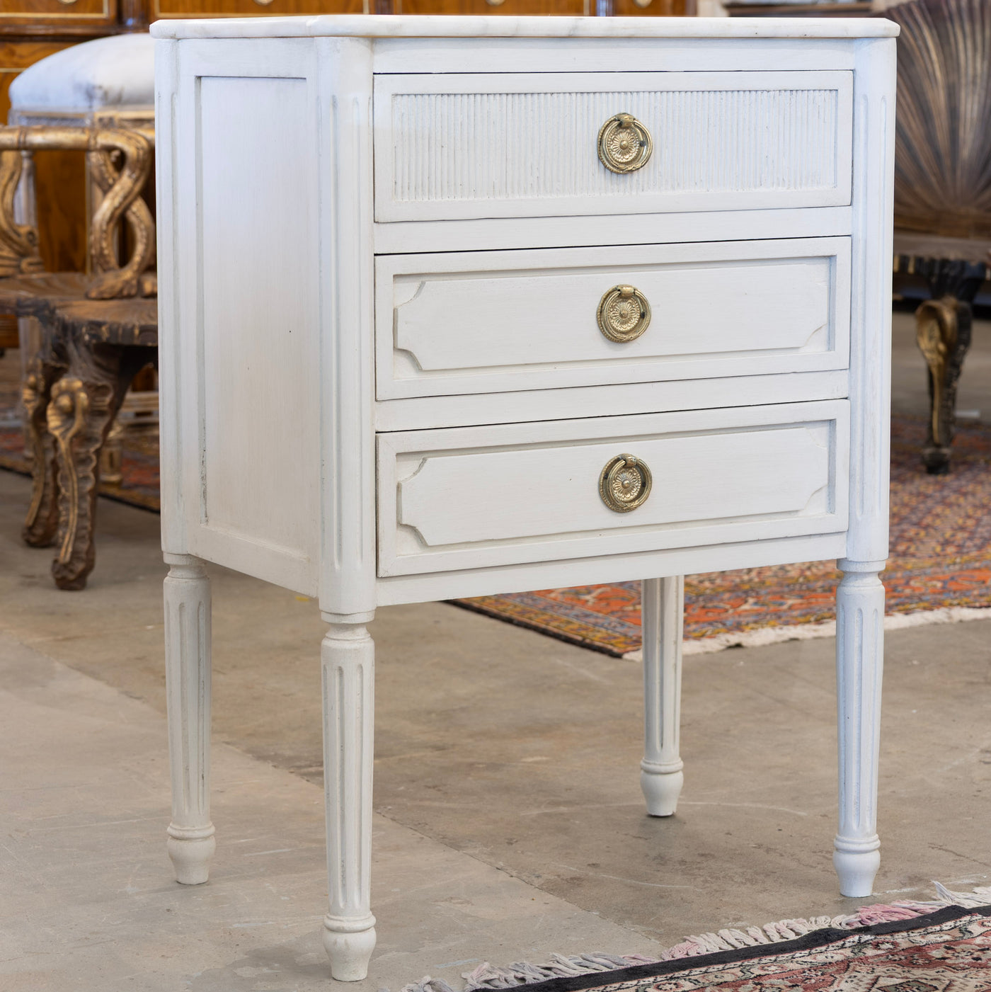 Swedish 3-Drawer Nightstand – Reeded and Carved Detailing & Marble Top in Dove White