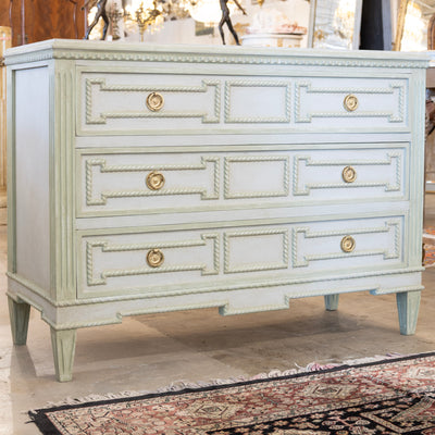 Swedish 3-Drawer Chest – Carved Open Rope Trim & Green-Blue Finish