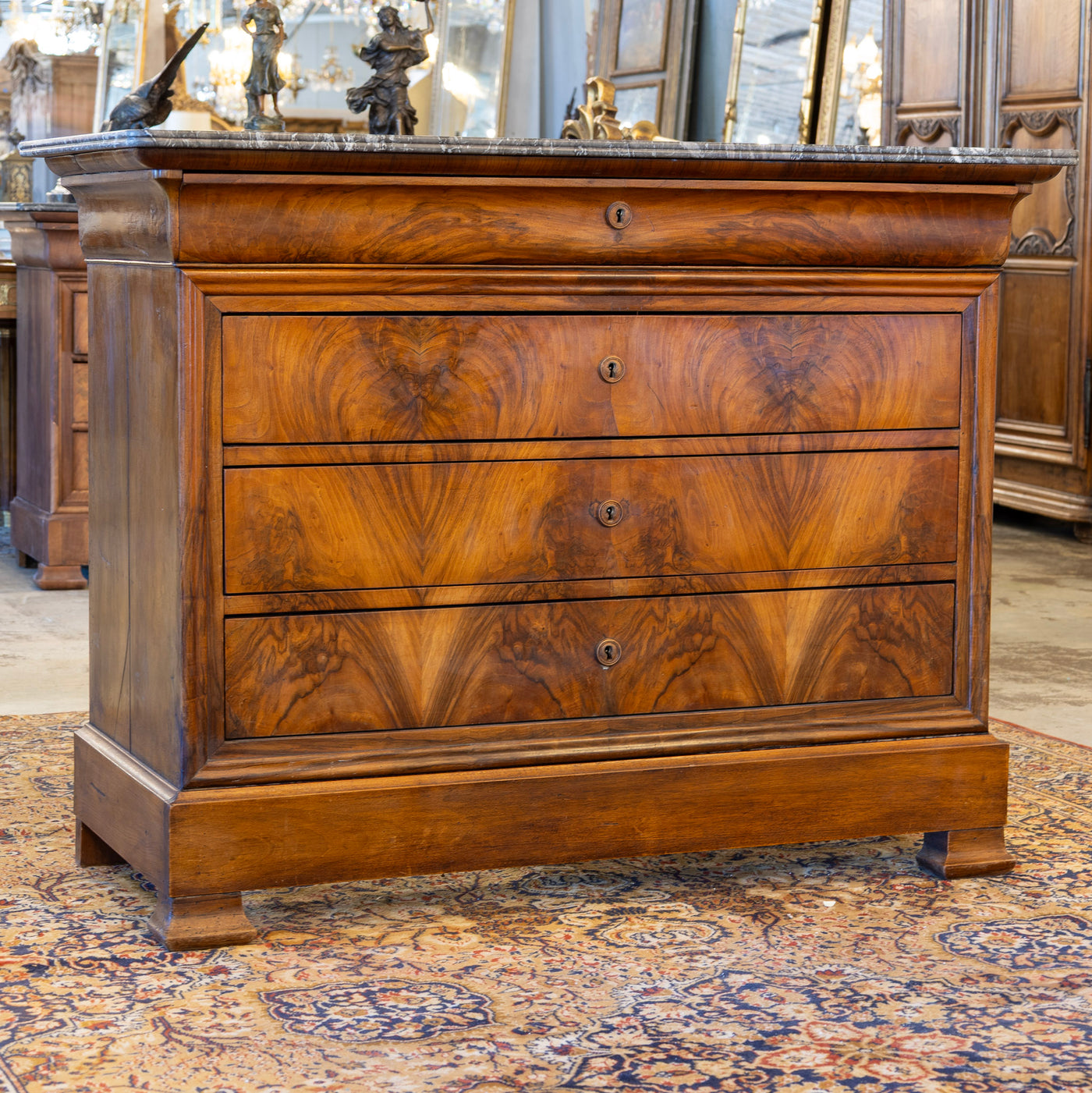Louis Philippe Burl Wood Chest – Black Marble Top & Keyhole Detail