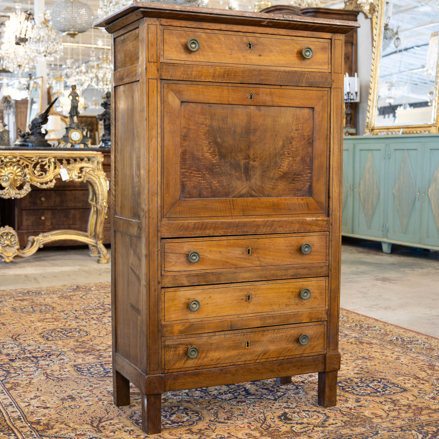 Louis XVI Wood Secretary Desk – Drop Front Drawers with Rosy-Brown Marble Top