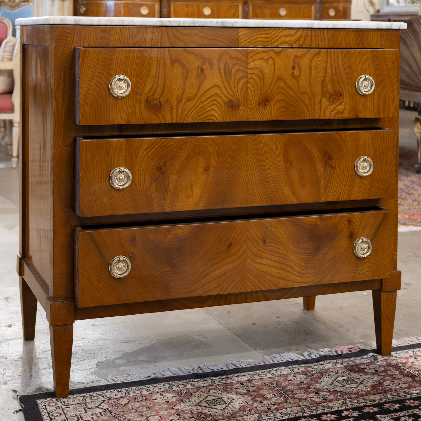 Art Deco 3-Drawer Chest – Burl Wood & White Marble Top