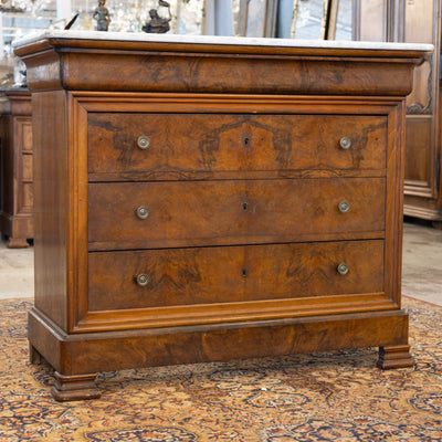 Louis Philippe Burl Wood Chest – White Marble Top & Brass Pulls
