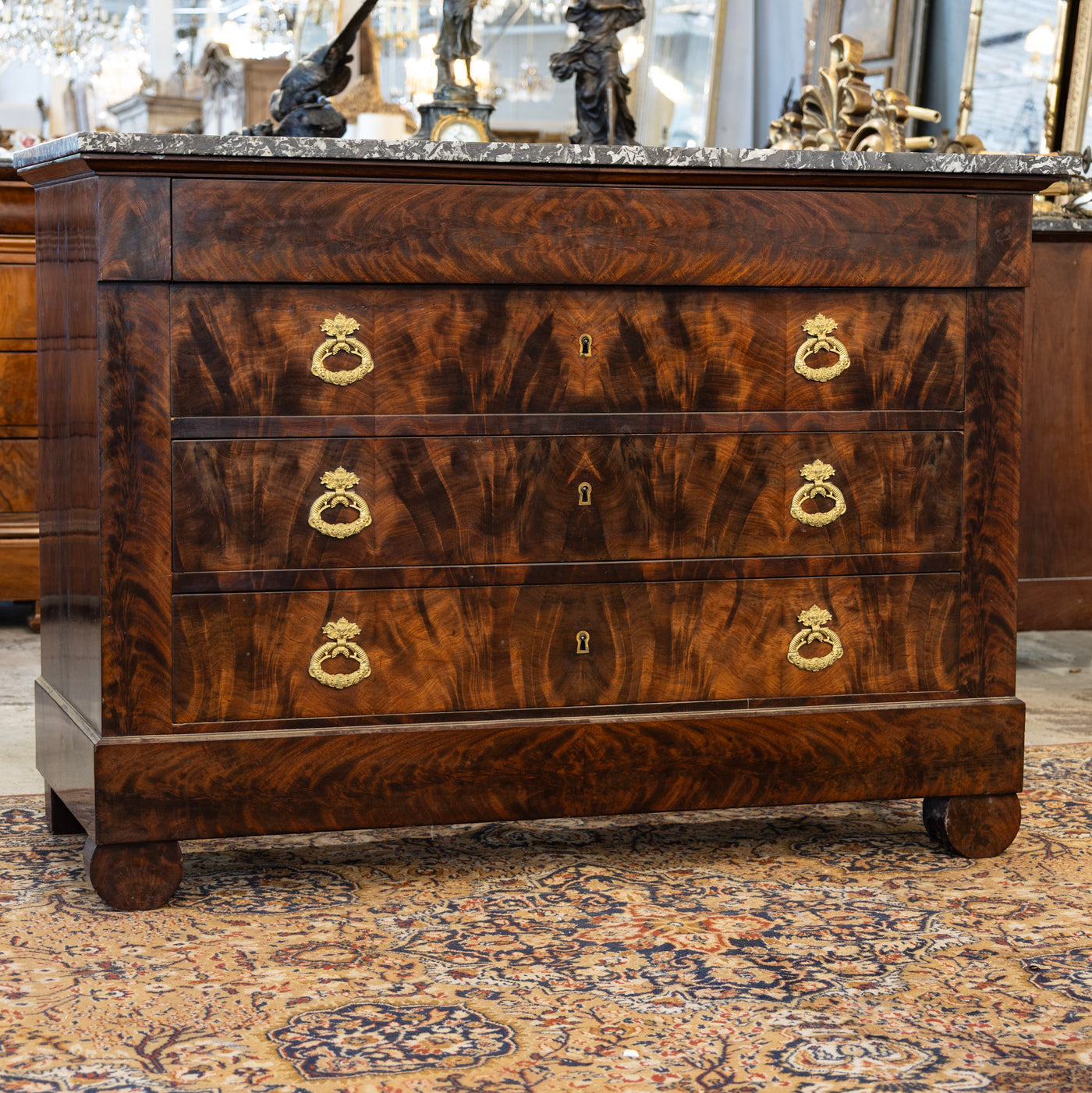 Louis Philippe Burl Wood Chest – Black Marble Top & Ornate Brass Pulls