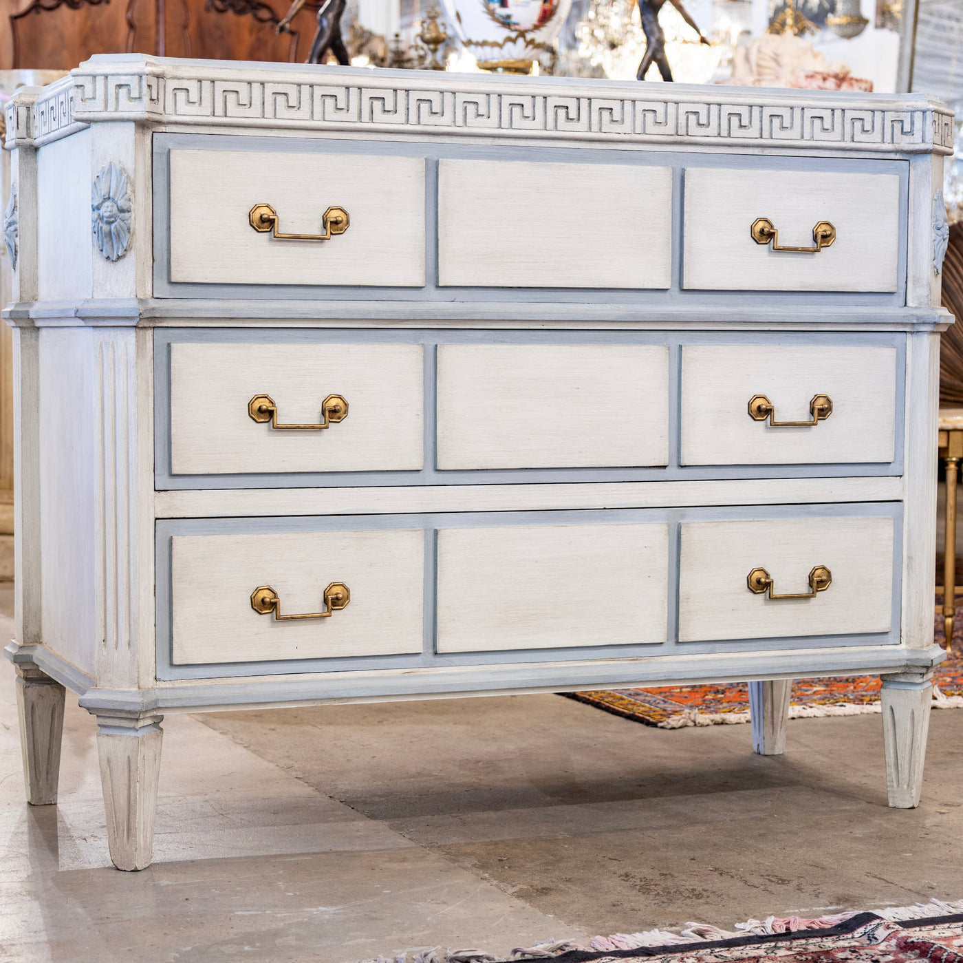 Swedish 3-Drawer Chest – Greek Key Carving & Blue Trim