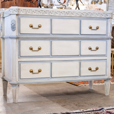 Swedish 3-Drawer Chest – Greek Key Carving & Blue Trim