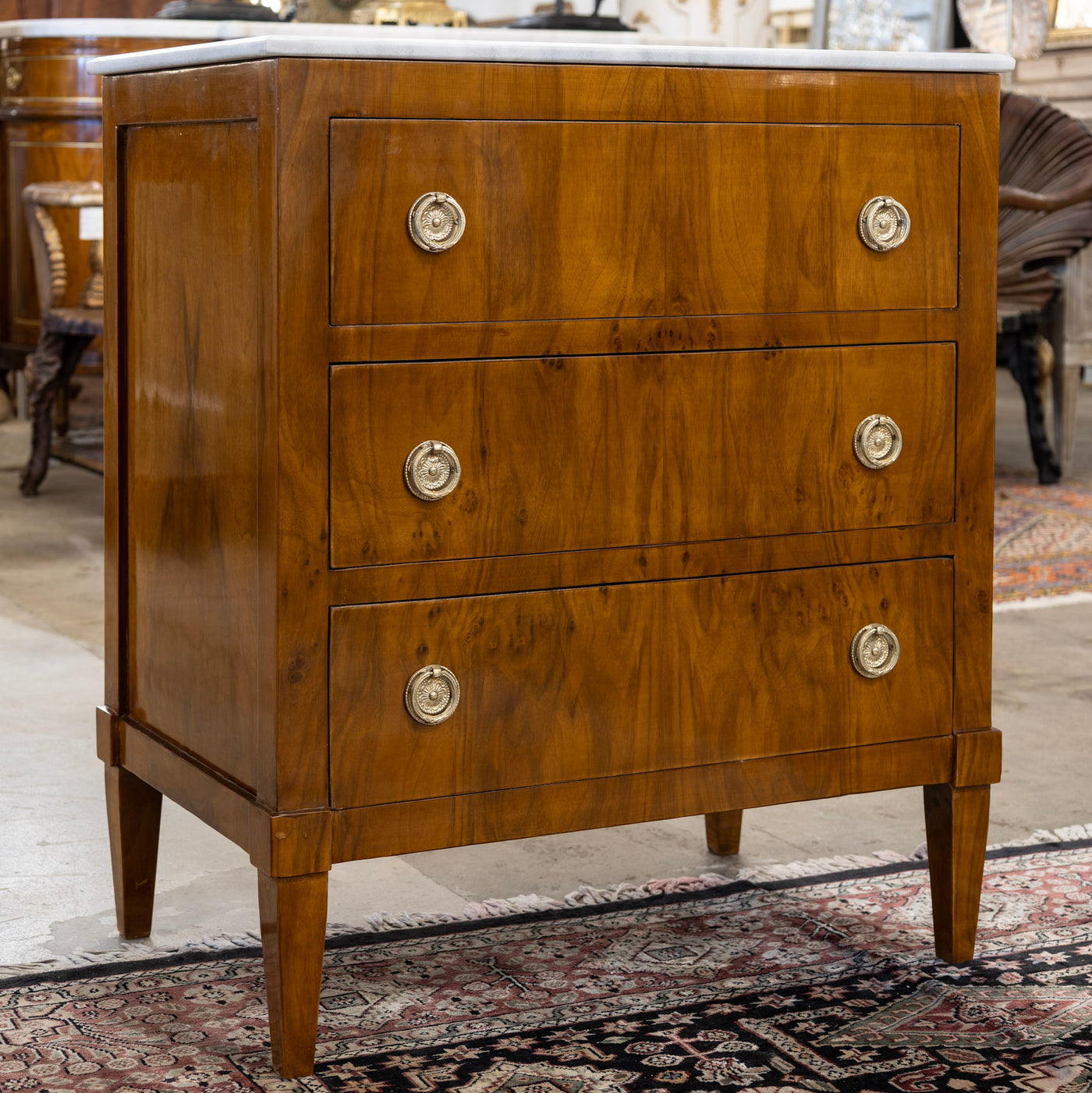 Art Deco 3-Drawer Nightstand – Burl Wood & White Marble Top