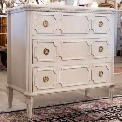 Swedish 3-Drawer Chest – Canted Corners & Open Geometric Trim in Antique White