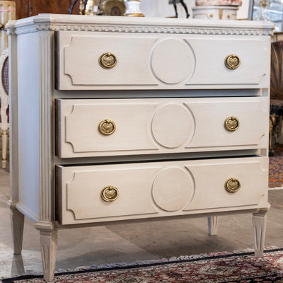 Swedish 3-Drawer Chest – Canted Corners & Circular Carved Detail in Antique White