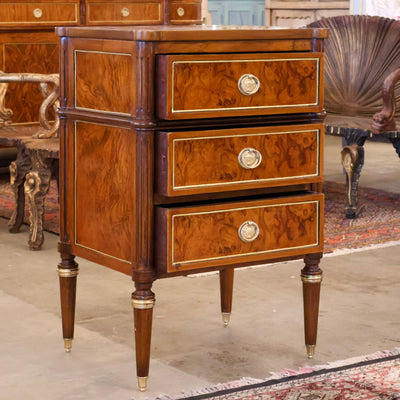 Louis XVI Burl Wood Nightstand – Gilded Trim & Fluted Legs