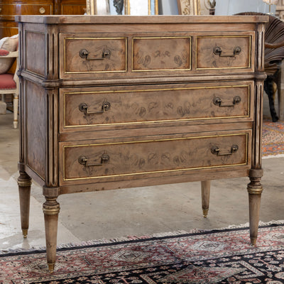 Louis XVI 3-Drawer Chest – Stripped Burl Wood with Gold Trim