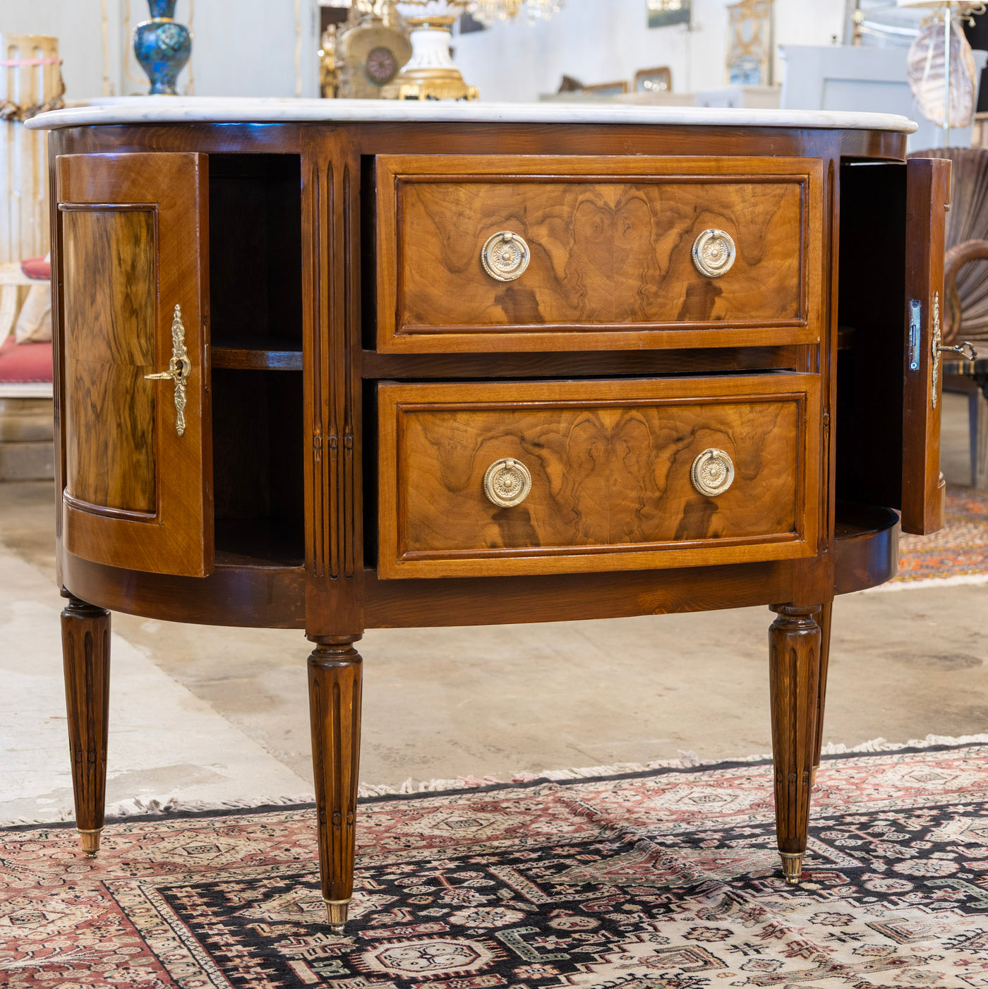 Louis XVI Demilune Chest – Burl Wood with White Marble Top