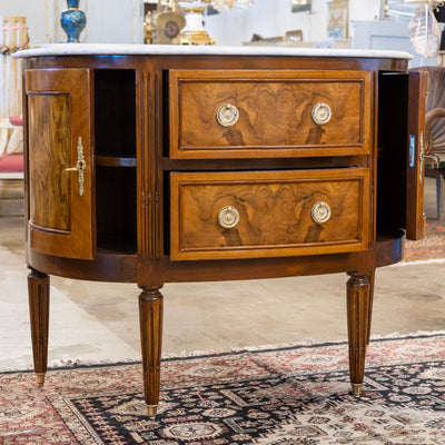 Louis XVI Demilune Chest – Burl Wood with White Marble Top