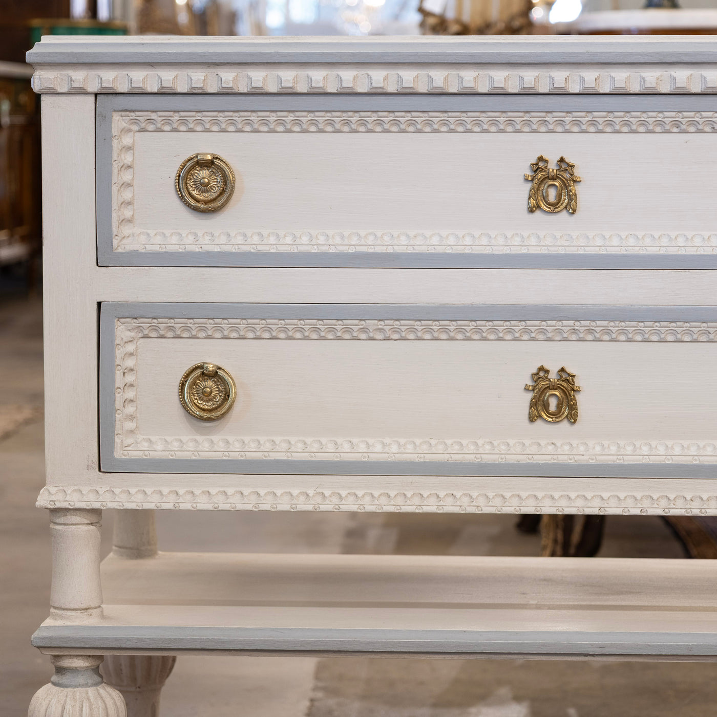 Swedish 2-Drawer Chest with Shelf– White with Blue Trim
