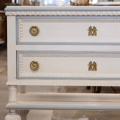 Swedish 2-Drawer Chest with Shelf– White with Blue Trim