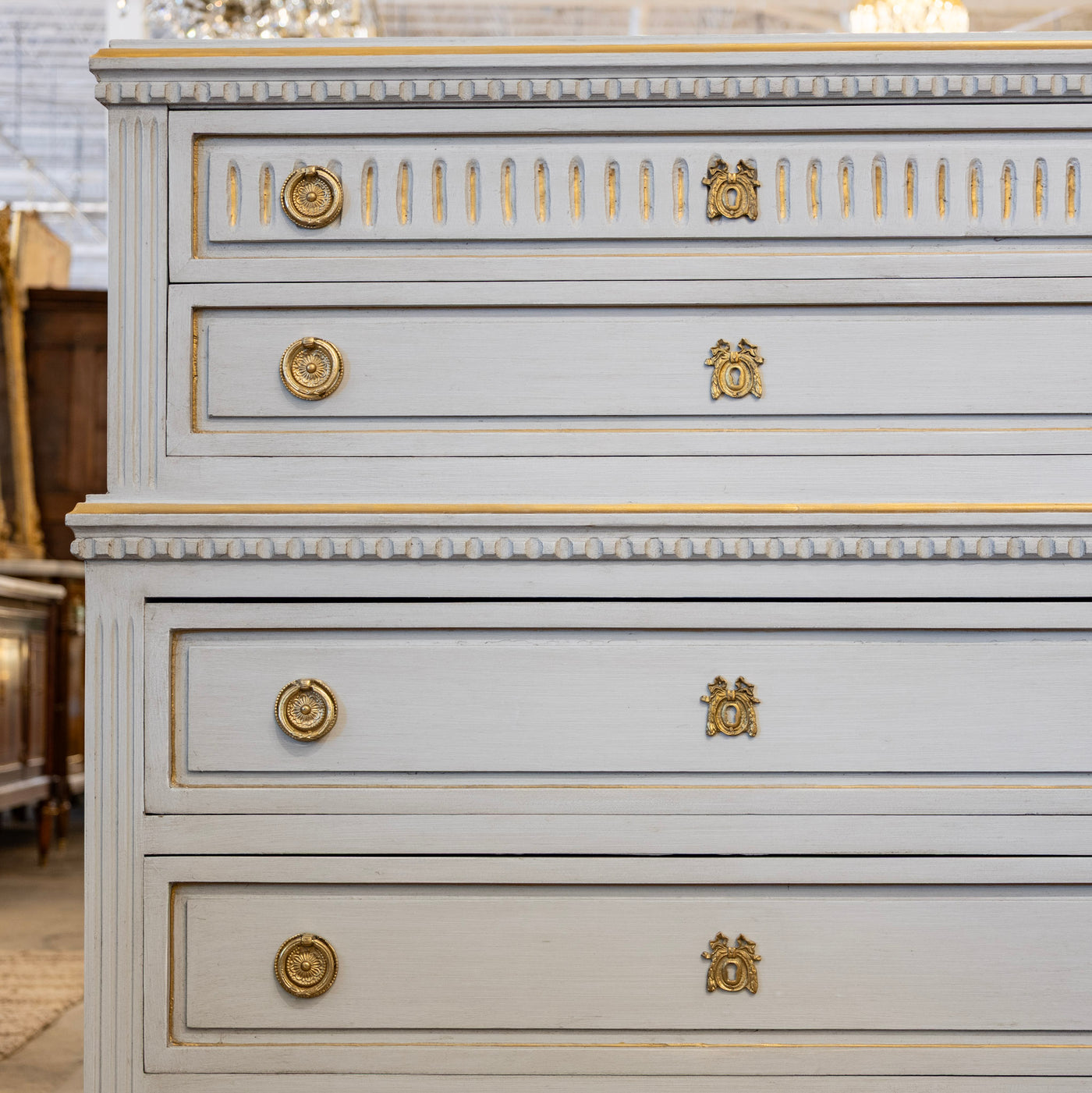 Swedish Tall Chest – Blue with Gold Trim and Brass Hardware