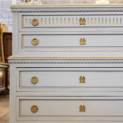 Swedish Tall Chest – Blue with Gold Trim and Brass Hardware