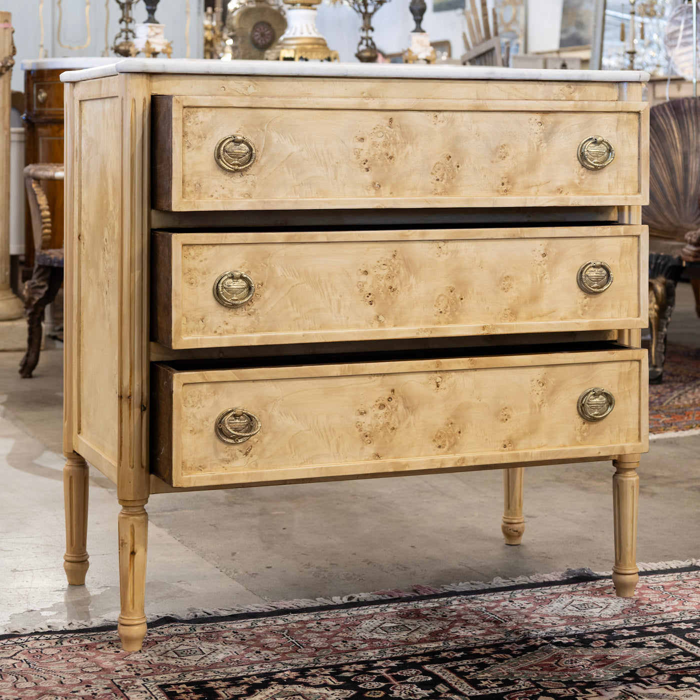Louis XVI Burl Chest – Light Stripped Wood & White Marble Top
