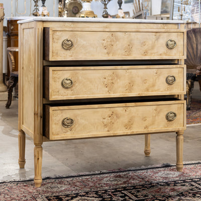Louis XVI Burl Chest – Light Stripped Wood & White Marble Top