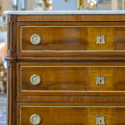 Louis XVI Burl Wood Nightstand – Gold Inlay & White Marble Top