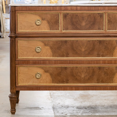 Louis XVI Light Burl Wood 3-Drawer Chest – White Marble Top