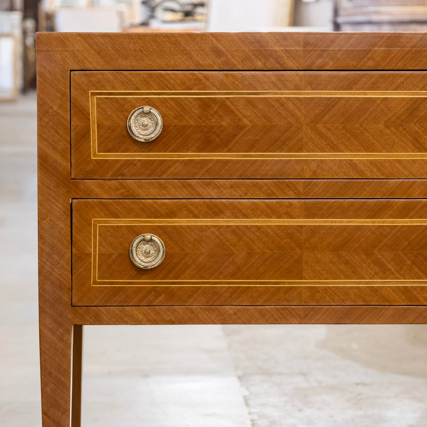 Art Deco Burl Wood 2-Drawer Chest – Inlaid Panels & Brass Pulls