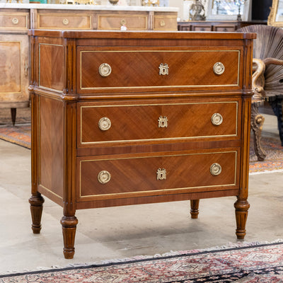 Louis XVI Burl Wood 3-Drawer Nightstand – Rounded Corners and Gold Inlay