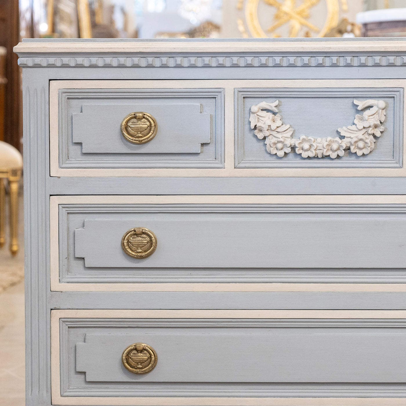 Swedish 3-Drawer Chest in French Blue – Carved Floral Detailing & White Trim
