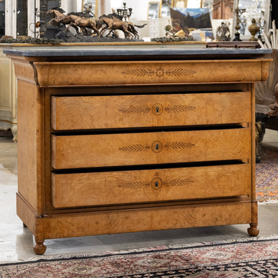 Louis Philippe Burl Wood Chest – Floral Drawer Detail & Black-Grey Marble Top