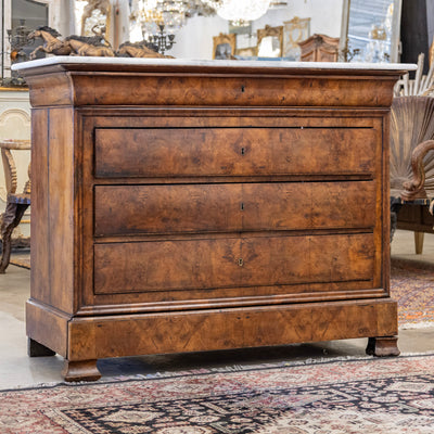 Louis Philippe Burl Wood Chest – White Marble Top & Floral-Lined Drawers