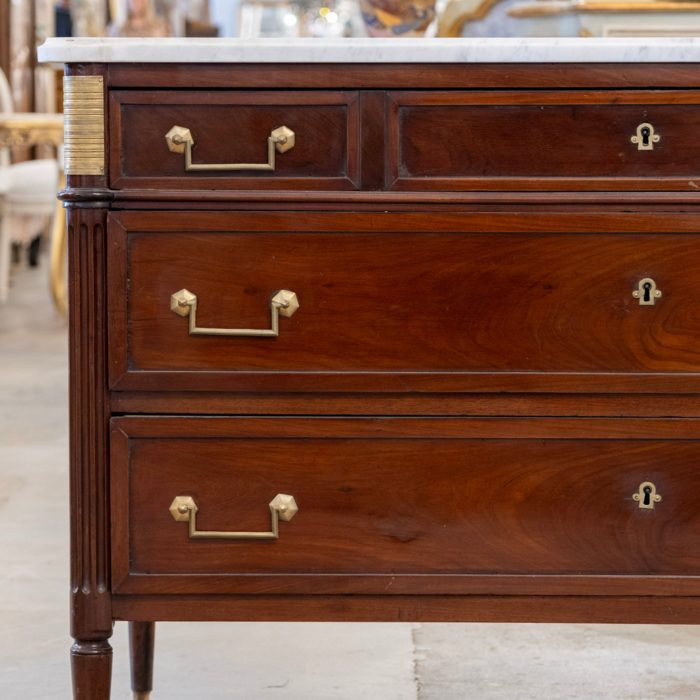 Louis XVI St. Charles 3-Drawer Chest – Burl Wood & White Marble Top