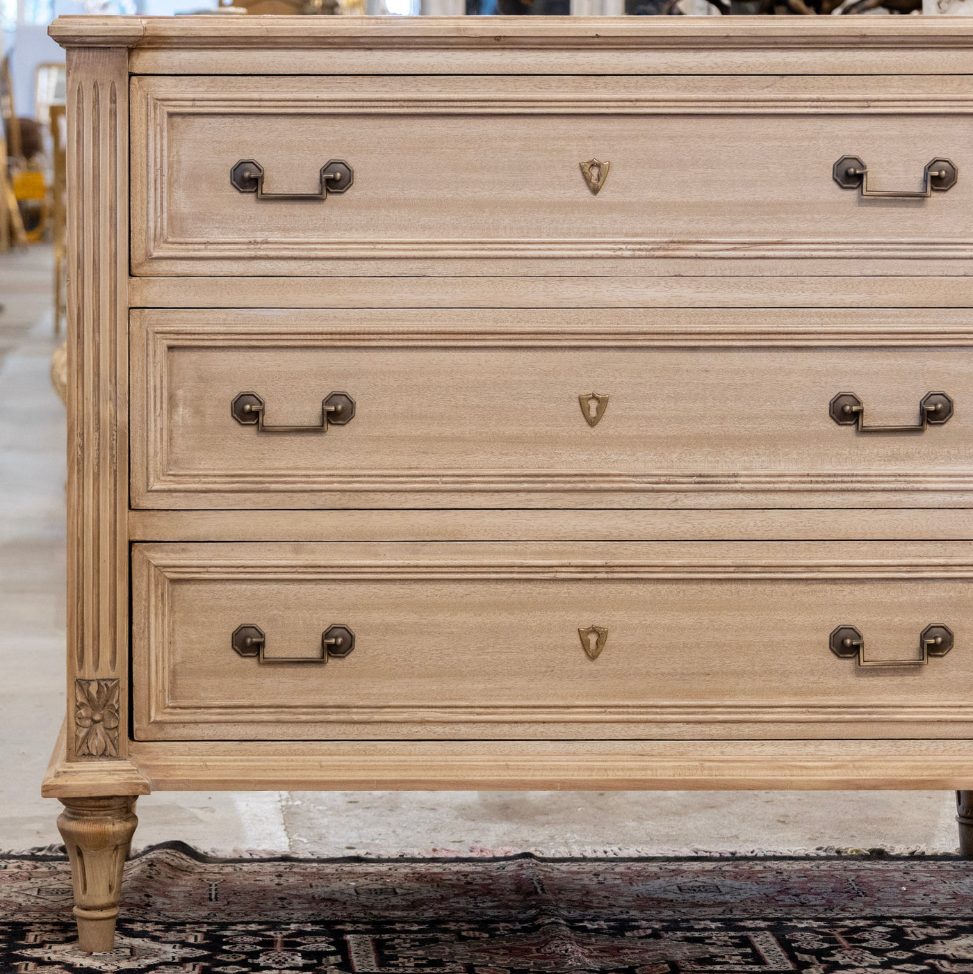 French Oak Stripped 3-Drawer Chest – Fluted Columns & Square Pulls
